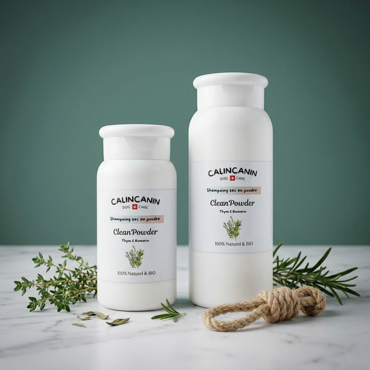 Shampoing sec naturel anti-parasites pour chien au thym et romarin - Calin Canin