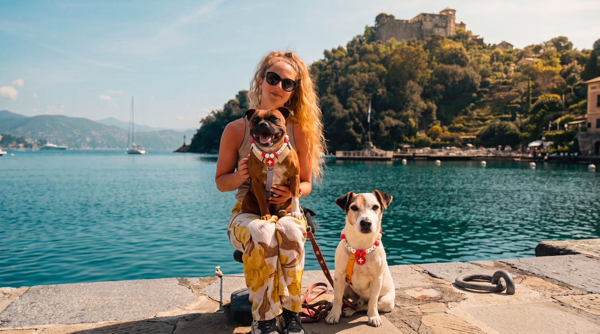 Zwei Hunde mit dem Halsband Sonderedition 1. August am Seeufer