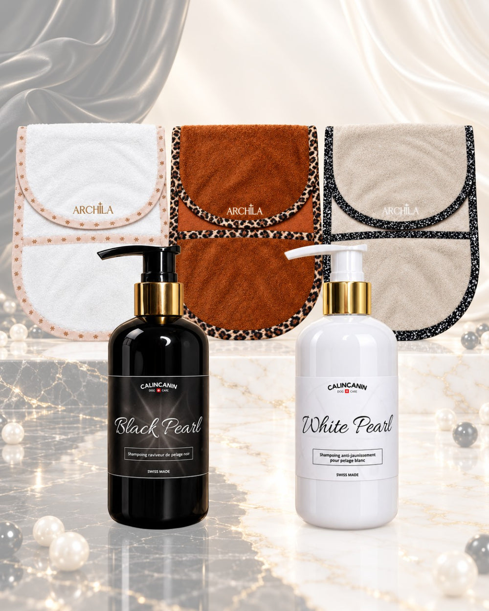 Coffret Pearl Collection pour chien : shampoings Black Pearl et White Pearl avec serviettes de bain Maison Archila - Calin Canin