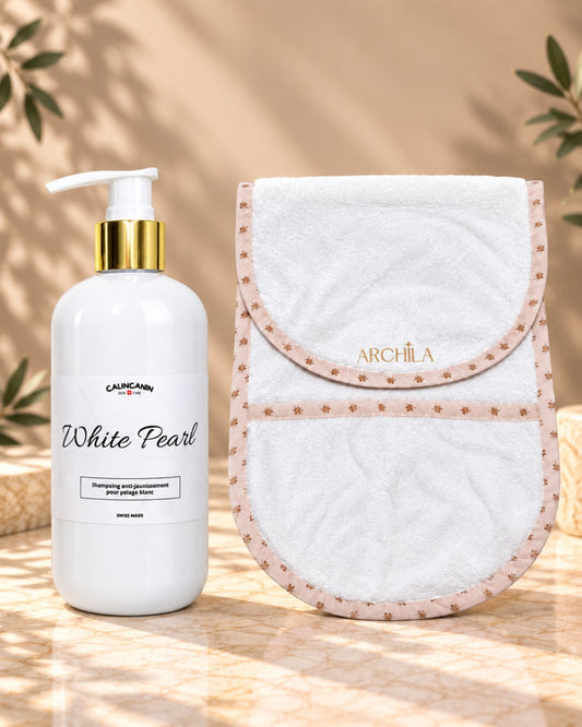 Coffret shampoing White Pearl pour chien à poils blancs et serviette de bain blanche - Calin Canin