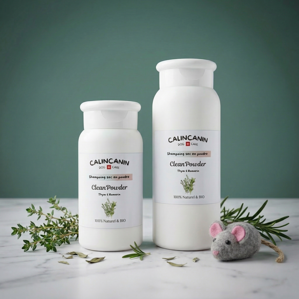 Shampoing sec anti-parasites pour chat au thym et romarin - Calin Canin