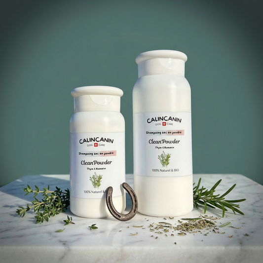 Shampoing sec purifiant antiparasitaire pour cheval au thym et romarin - Calin Canin