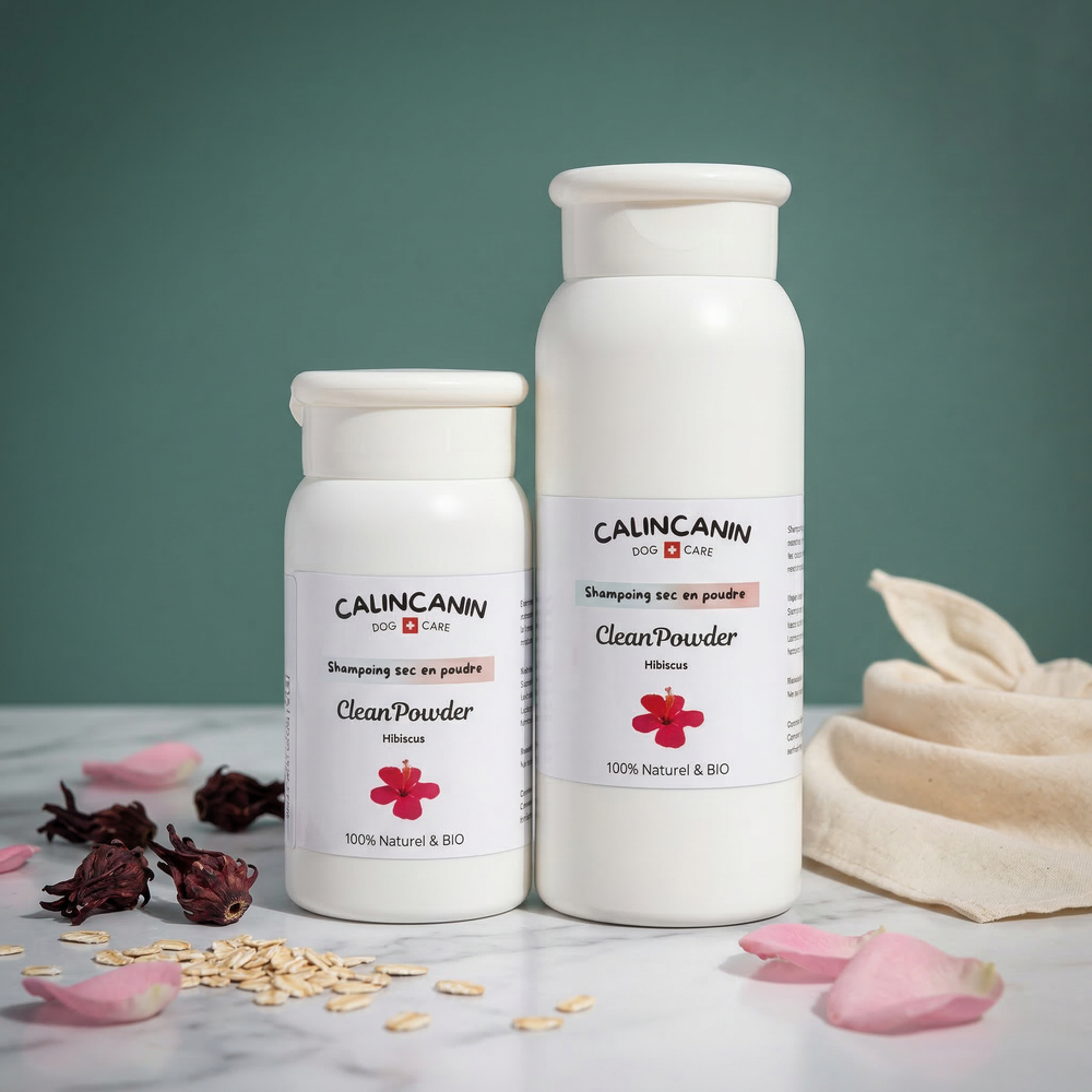 Shampoing sec naturel pour chien peau sensible à l'hibiscus et avoine - Calin Canin